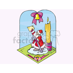 A festive Christmas clipart image featuring Santa Claus holding a letter, with a tall candle, a bell tied with a ribbon, and holiday decorations.