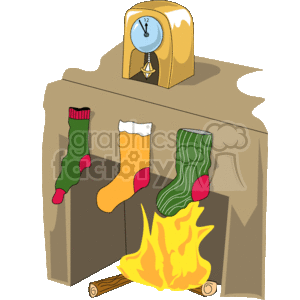   The clipart image depicts a cozy Christmas scene with three different Christmas stockings hung in a row on a mantel. The mantel is brown, and there