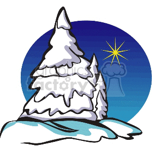 Clipart image of a snow-covered evergreen tree with a yellow star in a blue sky, symbolizing Christmas and winter holidays.