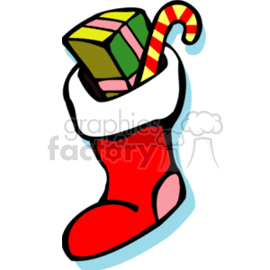 The clipart image features a red and white Christmas stocking filled with gifts. One visible gift is wrapped in colorful wrapping paper, and there is a classic red and white candy cane inside the stocking as well.