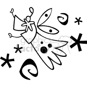 This is a simple black and white clipart image featuring a stylized angel surrounded by assorted snowflake designs and swirls, representing a festive winter or Christmas theme.