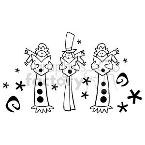 The clipart image displays three stylized figures that appear to be singing or caroling. They are wearing winter or festive attire, suggestive of a Christmas theme. The figures are surrounded by small decorative elements like stars and swirls, enhancing the festive, holiday feel of the scene.