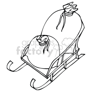The clipart image shows a sleigh with two large sacks, possibly filled with gifts or toys. The sacks are tied at the top, indicative of being full. The sleigh is depicted in a simple line art style, commonly used for coloring pages or minimalist designs.