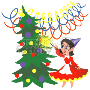 A festive clipart image of an elf girl using a wand to decorate a Christmas tree, with colorful streamers in the background.