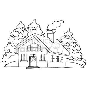   The clipart image depicts a winter scene with a cozy cottage-style house surrounded by snow-covered pine trees. Smoke is rising from the chimney of the house, suggesting warmth inside. The house features a prominent front window, a curved doorway, and two side windows, and it