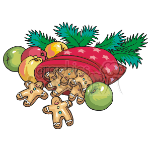 This clipart image depicts a festive Christmas holiday theme. It features a red bag adorned with stars, spilling out ripe apples, and gingerbread man cookies. Behind the overflowing food, there is an indication of green pine foliage, adding to the holiday feel.