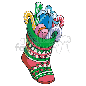 This clipart image features a festively decorated Christmas stocking filled with holiday gifts including wrapped presents with a bow, and candy canes.