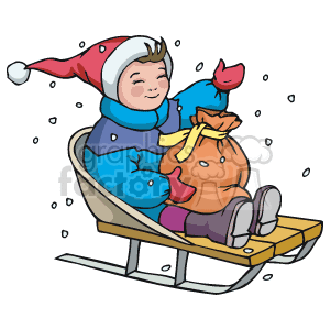   The clipart image features a child wearing winter clothing with a Santa hat, happily riding a sled. The child is holding a bag, possibly full of gifts, and there