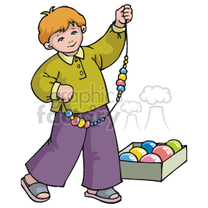   The image features a cartoon of a young child holding a string of colorful Christmas ornaments. The child is dressed in casual clothing and seems to be in the midst of decorating, standing next to a box with additional ornaments. The image conveys a festive holiday spirit, representing a child