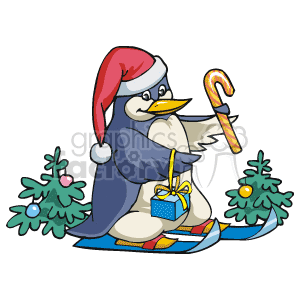 The clipart image depicts a cheerful penguin wearing a Santa hat, skiing with a candy cane in one flipper and a gift in the other. In the background, there are two small Christmas trees with some decorations.