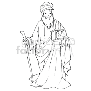 The clipart image depicts one of the three kings or wise men commonly associated with the Nativity story during Christmas. The figure is standing and dressed in robes, indicating regality. He is holding a gift in one hand and a staff in the other, suggesting his journey to visit the newborn Jesus. The image is in a monochrome outline style, suitable for coloring or educational purposes.
