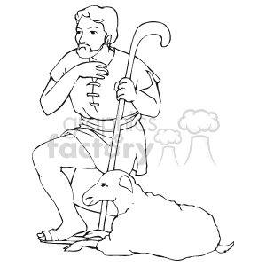   This clipart image depicts a shepherd with a sheep, commonly associated with nativity scenes during the Christmas holidays. The shepherd is seated and appears to be holding a shepherd