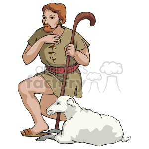   The clipart image depicts a traditional nativity scene character, a shepherd, with a sheep. The shepherd is shown sitting with a staff in hand, and the sheep is resting peacefully beside him. This image is commonly associated with Christmas holiday themes, representing the shepherds who visited the infant Jesus according to the Nativity story. 