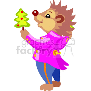 A cute cartoon hedgehog wearing a pink coat, holding a Christmas tree-shaped cookie.