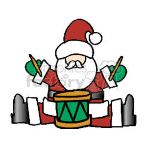 The clipart image features a cartoon depiction of Santa Claus playing a green drum with drumsticks. Santa is wearing his traditional red suit with white trim and a red hat with a white pompom. He has a white beard and mustache