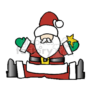 This clipart image features Santa Claus with a classic jovial appearance. Santa is wearing his traditional red suit with white fur trim, a black belt with a yellow buckle, and a red hat with a white pom-pom. He is wearing green mittens, and holding a yellow star in the one of them