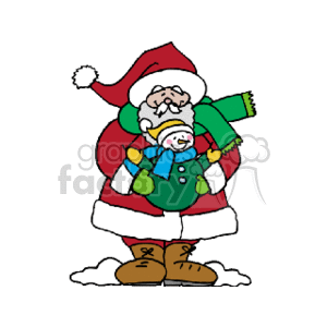 The clipart image features Santa Claus, depicted in his traditional red suit with white trim and a red hat, holding a toy snowman in a green coat and hat with a blue scarf and mittens