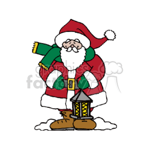 This clipart image features a jolly Santa Claus standing in the snow, holding a lantern. He wears his iconic red and white suit, a green scarf, and is portrayed with a traditional white beard. 