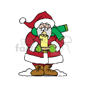 The image is a clipart of Santa Claus standing in the snow. He is dressed in his traditional red suit with white trim, wearing a red hat with a white pompom. Santa is sporting a long white beard and mustache, and he is smiling. He is holding a yellow candle with a flame, indicating a peaceful or festive moment. Additionally, he is wearing brown boots and a green scarf.