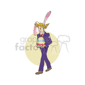 A humorous illustration of a man in a suit with bunny ears, holding a large decorated Easter egg.