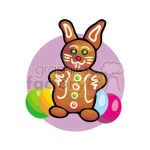 Clipart image of a gingerbread bunny with colorful Easter eggs.