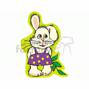 Cute Easter bunny clipart featuring a white rabbit in a purple dress with yellow polka dots, holding a green leaf.