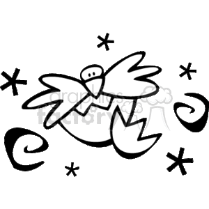   This clipart image features a simplistic representation of a chick emerging from an eggshell, which is associated with the Easter holiday. The chick appears to be in motion, as if it