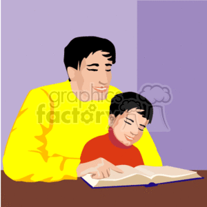 Father and son reading a book.