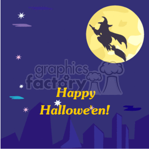 This clipart image features a nighttime scene with a full moon in which the silhouette of a witch riding on a broomstick is visible. The witch is flying against the backdrop of the moon, creating a classic Halloween motif. The background suggests a city or town with building silhouettes at the bottom, while stars and. Happy Halloween! is written in a decorative font in the lower part of the image, celebrating the holiday.