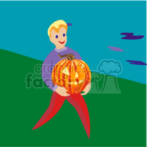 The image is a clipart illustration showing a man holding a carved Halloween pumpkin. He is walking on a grassy hill with a blue sky in the background and there are a couple of flying bats or birds in the distance.