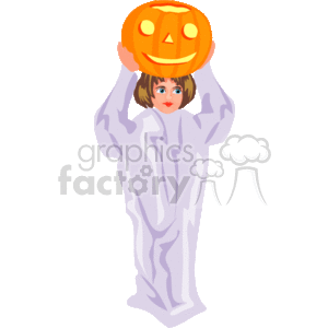   The clipart image shows a person wearing a ghost costume. The costume is a flowing, white outfit with wavy lines to simulate the appearance of ethereal movement or folds. The person is holding a carved pumpkin, traditionally known as a jack-o