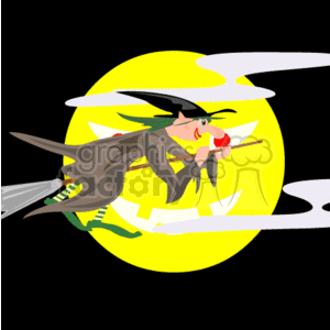The clipart image depicts a typical Halloween scene featuring a witch flying on a broomstick across a full moon in the night sky. The witch appears to be cackling with a classic witch hat on her head, and the backdrop is a stark black to highlight the contrast with the bright yellow moon. There is also clouds or mist swirling around to add to the spooky atmosphere.