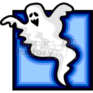 The clipart image depicts a stylized white ghost with a classic spooky wisp shape, black eyes, and mouth, emerging from a blue, somewhat dimensional frame or border. The ghost appears to be in a typical floating pose often associated with spectral entities in pop culture.