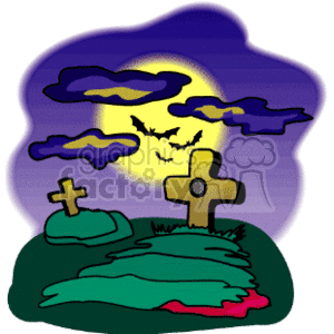   The clipart image depicts a Halloween-themed scene with two graves marked by crosses in the foreground situated on a grassy ground. There