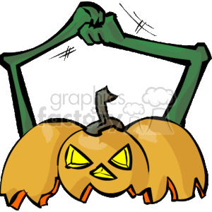 The clipart image features a Halloween-themed illustration with a carved pumpkin sporting a menacing face, commonly known as a jack-o'-lantern. The pumpkin has a typical triangular nose and eyes, with sharp-looking teeth created by the carving. It appears to be sitting with its carved side facing forward, and there's a prominent stem at the top. Behind the pumpkin, there seems to be a vague, wavy outline, possibly indicating a shadow or a creepy backdrop, which adds to the Halloween atmosphere.