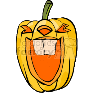   This clipart image features a stylized cartoon of a carved pumpkin, commonly associated with Halloween. The pumpkin has a mischievous facial expression with cut-out features for the eyes, nose, and a wide, toothy smile. It