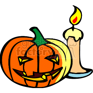   Cartoon pumpkin with a candle next to it 
