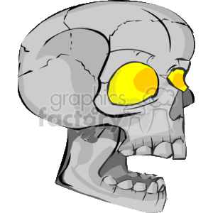 The clipart image features a stylized illustration of a skull with prominent highlights and shadows, giving it a three-dimensional look. Both of the skull's eyes are depicted with a bright yellow color, possibly representing a light source or some supernatural element often associated with Halloween themes, or possibly a candle inside the skull