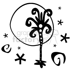 The image is a black and white clipart featuring an abstract or stylized tree or plant with a large circular shape that could resemble the moon behind it. There are also various star-like and swirl shapes scattered around, likely representing the night sky or a whimsical environment.