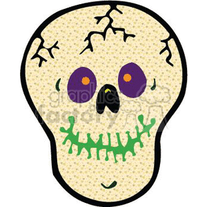   The image is a clipart illustration of a stylized skull. It has a beige speckled background with cracks on the top, purple eye sockets with bright orange circles, a black triangular nose, and green stitches for the mouth. The skull is outlined in black and has a playful, cartoonish look that