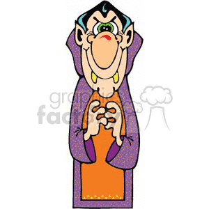 The clipart image features a cartoonish depiction of a vampire, commonly associated with the fictional character Dracula. The vampire is shown wearing a purple cape with a pattern, has greenish skin, pointed ears, fangs, and is grinning menacingly. His hands are poised as if ready to grab something, possibly hinting at the classic vampire behavior of seeking to suck blood.