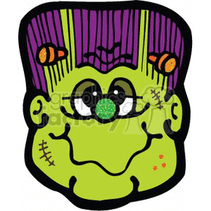 This clipart image depicts a stylized version of a classic Halloween monster, which takes inspiration from the Frankenstein character. The monster has a green face with stitches, a flat topped head with purple hair, bolts on its neck