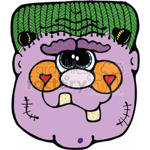 The clipart image features a caricature of a classic Frankenstein monster. The monster has a playful and cartoony design with oversized features. It's depicted with a purple face, bright orange cheeks with heart shapes, wide googly eyes under a furrowed brow, green hair that could represent bolts or stitches, and prominent front teeth. Some stitches are also visible on its face, contributing to its stitched-together Frankenstein motif. The image invokes a fun and silly interpretation of the typically scary Halloween theme.