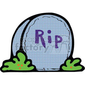   The image shows a stylized cartoon of a Halloween-theme tombstone with the acronym RIP written on it, which stands for Rest In Peace. The tombstone is gray with a blue checkered pattern and it
