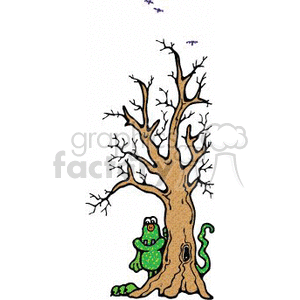   The clipart image features a bare, spooky-looking tree with twisty branches, which is often associated with a Halloween theme. In front of the tree, there