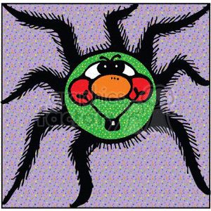 This clipart image features a cartoon spider with exaggerated features. The spider appears to have a green body with a colorful face. It has large white eyes with black pupils, and there is a noticeable frowning expression. Its fang area is red with a prominent white fang hanging down. The spider's legs are black and fuzzy, extending out from its body in a way that's typical for cartoon illustrations of spiders. The background is purple with a speckled pattern, which complements the Halloween theme.