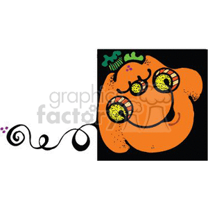 The image shows a stylized Halloween-themed clipart featuring a cartoonish pumpkin. The pumpkin has a scared or startled expression, with wide eyes and a zigzag mouth, typical of Halloween pumpkin carvings. It also appears to have a small green stem or vine with leaves at the top of its head. On the left side, there is a decorative spiral line with two colored dots at the end, suggesting a playful or whimsical element to the design.