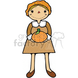 The image features a female pilgrim holding a pumpkin. She is dressed in traditional pilgrim attire including a brown dress with white collar and cuffs, an apron, and a bonnet.