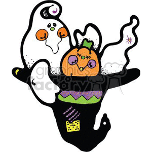 Colorful ghost with a pumpkin inside a witch hat