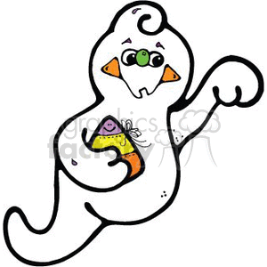 colorful ghost holding a colorful candy corn 